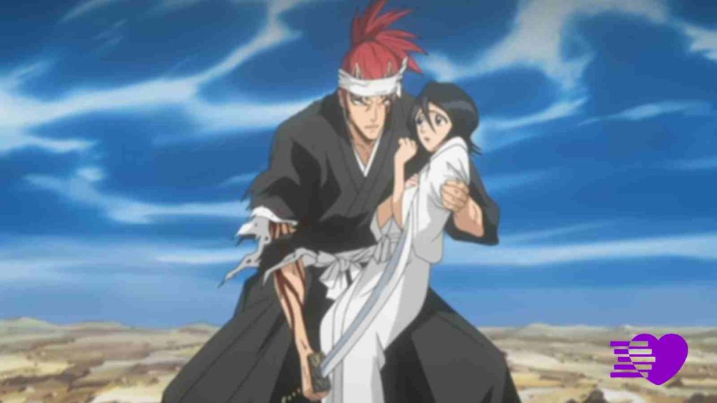 A wounded Renji is still holding onto Ruki trying to protect her in Bleach anime episode 61