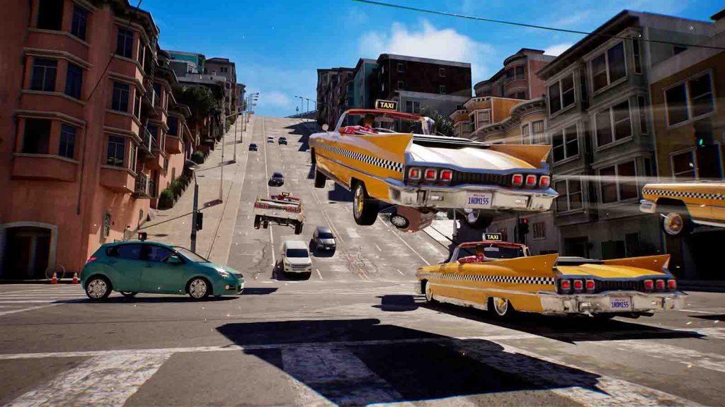 A yellow taxi floating in the air in an intersection with an uphill road in Crazy Taxi World Tour.