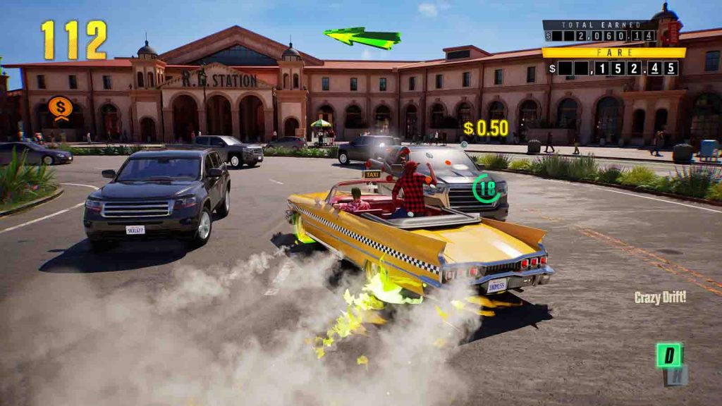 A yellow taxi drfiting in fron of R.D. Station in Crazy Taxi World Tour.