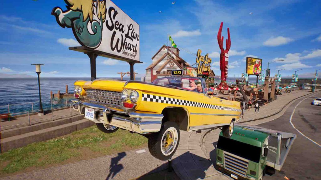 A yellow taxi flying off a ramp i Sea Lion Wharf.