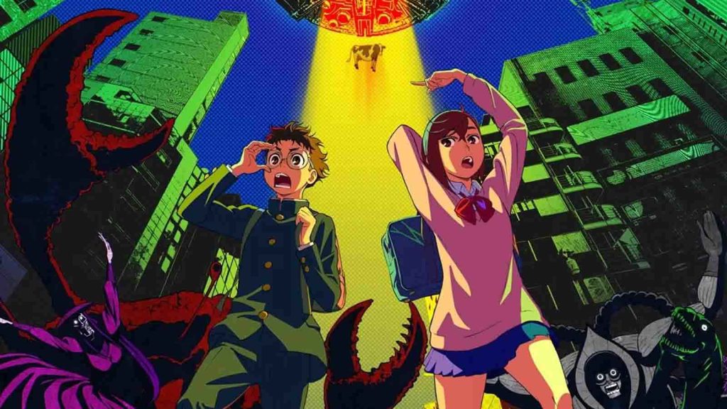 The key visual for Dan Da Dan anime season 1 featuring protagonists Okarun and Momo surrounded by aliens and supernatural beings.