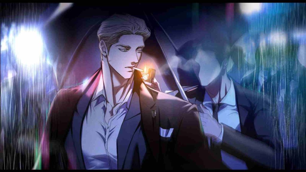 Aaron getting his cigarette lit by someone who is also holding the umbrella for him during a rainy night, drawn by Flashlight manhwa author Yangma