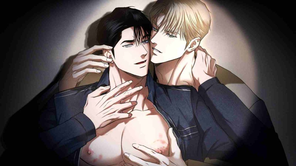 Aaron grabbing Yujin's open chest by Flashlight manhwa author Yangma