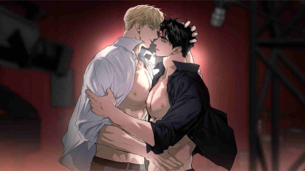 Flashlight boys love manhwa cover by Yangma showing Aaron and Yujin in an embrace