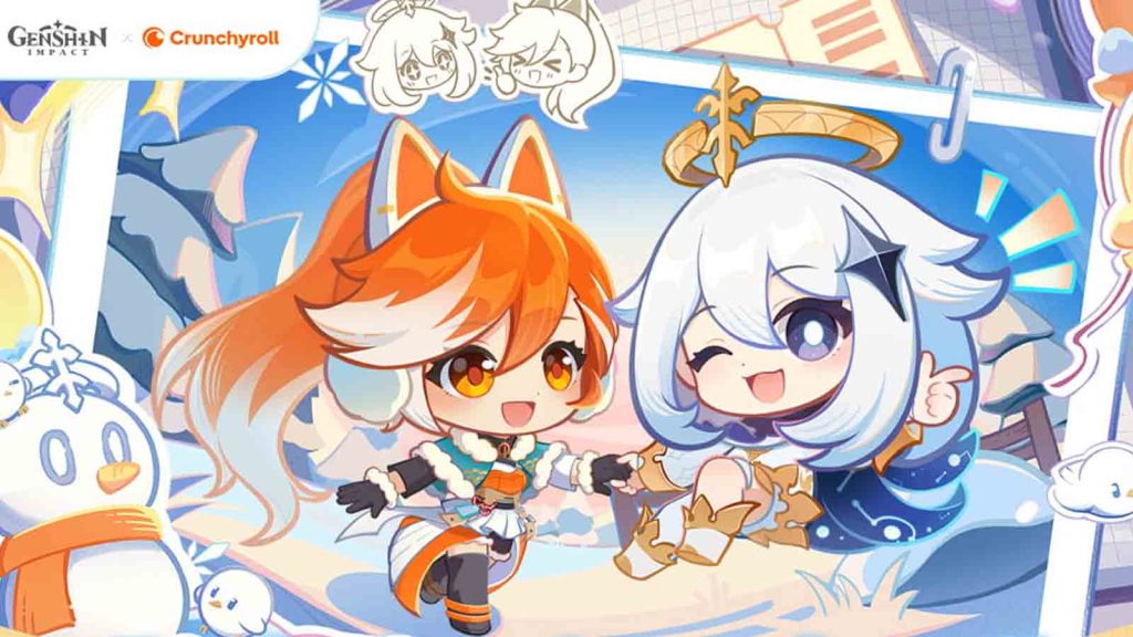 Genshin Impact's Paimon and Crunchyroll's Hime playing together in the snow.