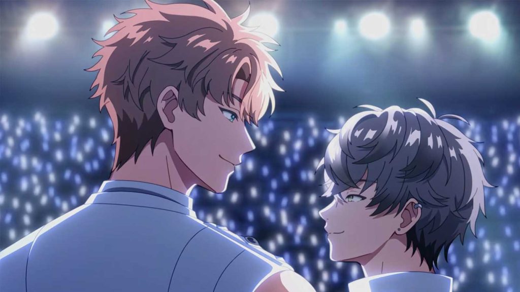 Asahi and Ryut staring at each other in front of a crowd in Godly Love: On Air game.