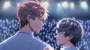 Asahi and Ryut staring at each other in front of a crowd in Godly Love: On Air game.