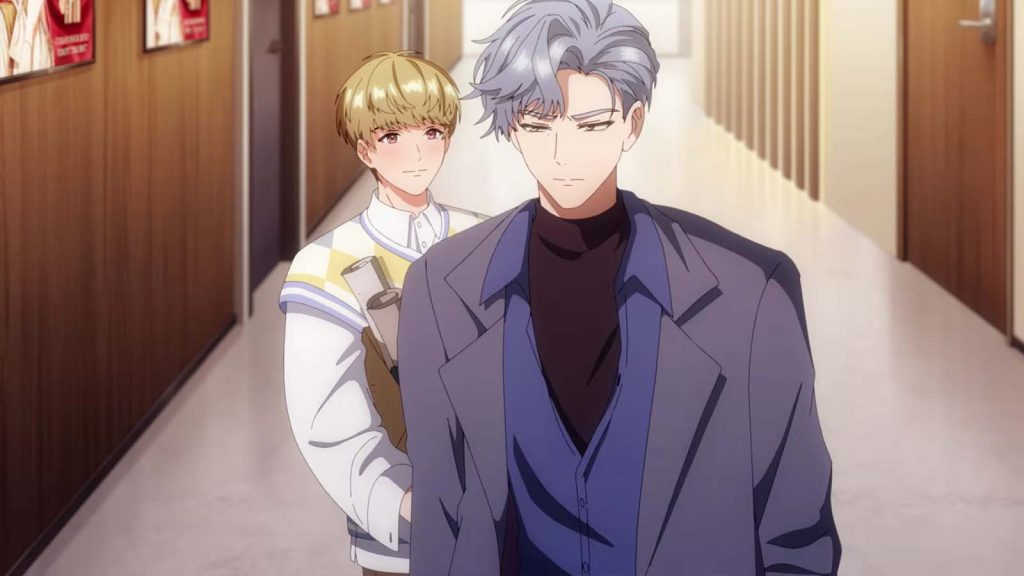 Somer carrying a box while Psion glares at him in the Godly Love: On Air animated short.