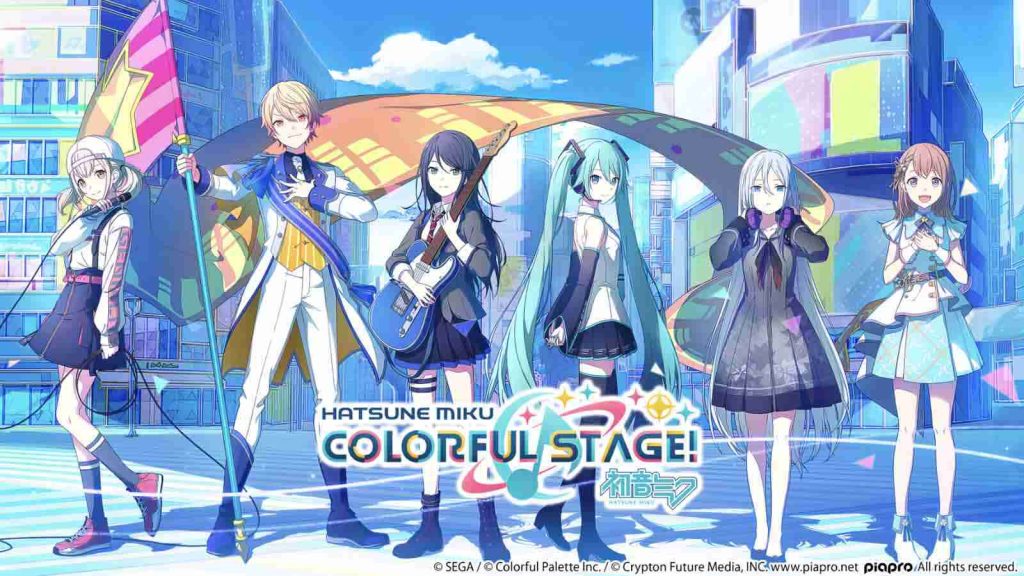The key art for Hatsune Miku: Colorful Stage! showing the vocaloid character Hatsune Miku standing at the center.
