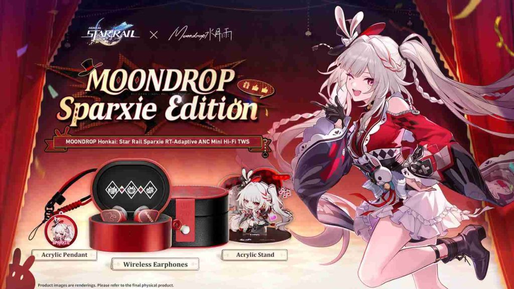 The official poster for Honkai Star Rail and Moondrop's collaboration featuring Sparxie-themed goods like earphones, acrylic stand, and acrylic pendant.