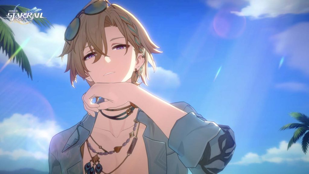Aventurine Waveflair wearing sunglasses in the beach in Honkai Star Rail.