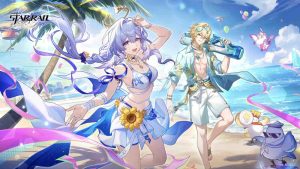 The key visual for Honkai Star Rail version 4.5 featuring Robin Summeretto and Aventurine Waveflair playing in the beach.