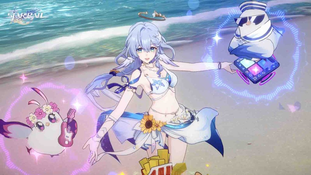 Robin Summeretto in Honkai Star Rail playing with birds in the beach.