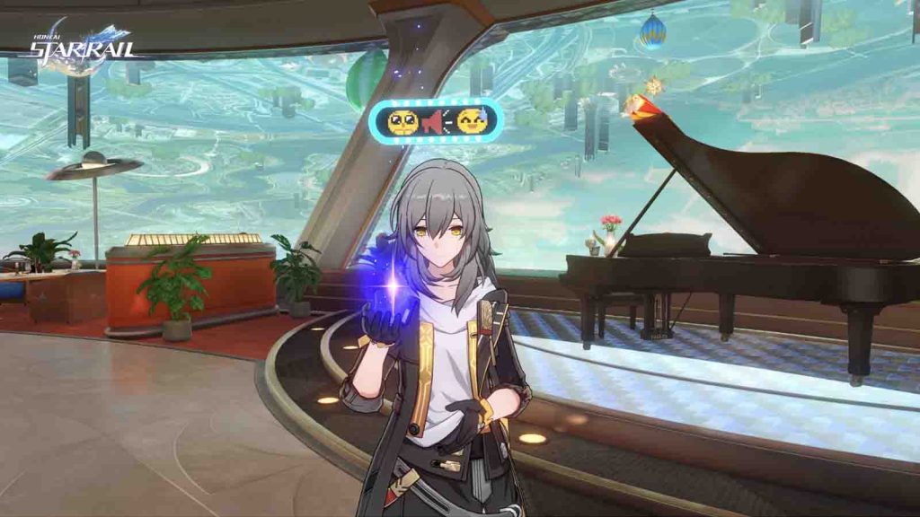 Trailblazer Stelle wearing the Aw, Look Up Here emoti standee on her head.