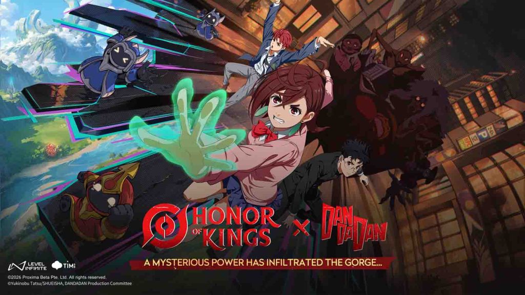 The key visual for Honor of Kings and Dan Da Dan collaboration featuring anime characters Momo, Okarun, and Jiji.