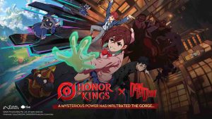 The key visual for Honor of Kings and Dan Da Dan collaboration featuring anime characters Momo, Okarun, and Jiji.