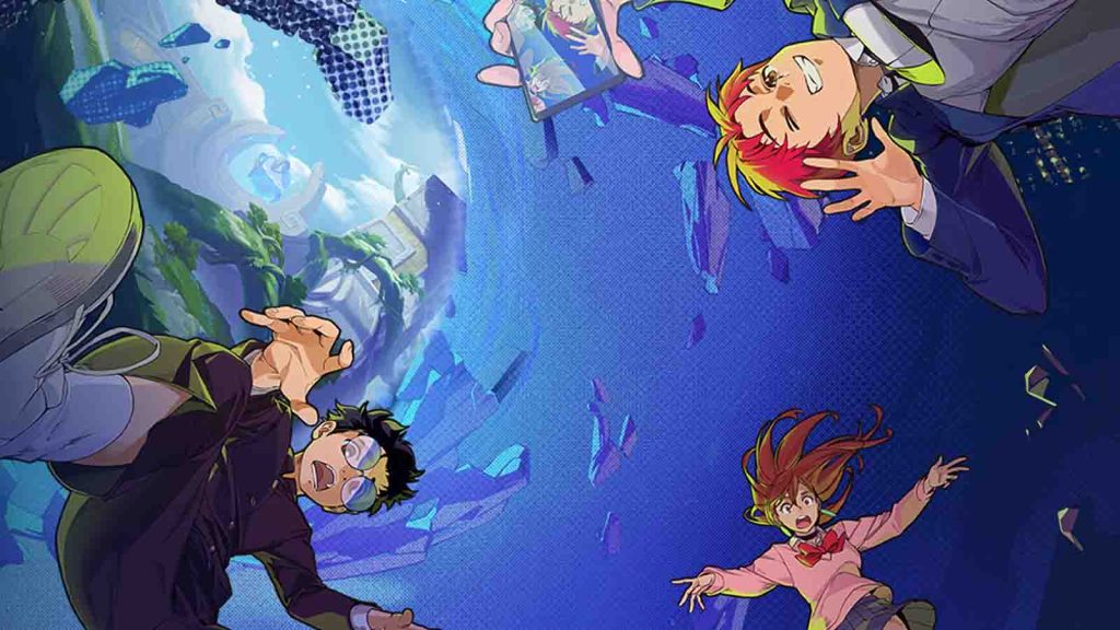 Dan Da Dan anime characters Okarun, Momo, and Jiji all seemingly falling from the sky.