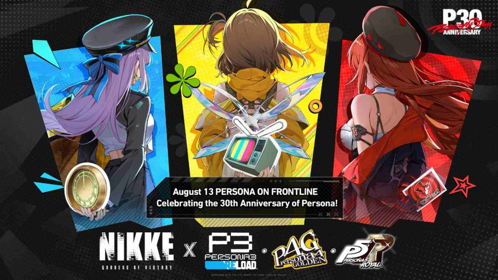 Nikke x Persona collaboration key visual teasing Persona 3 Reload, Persona 4 Golden, and Persona 5 Royal