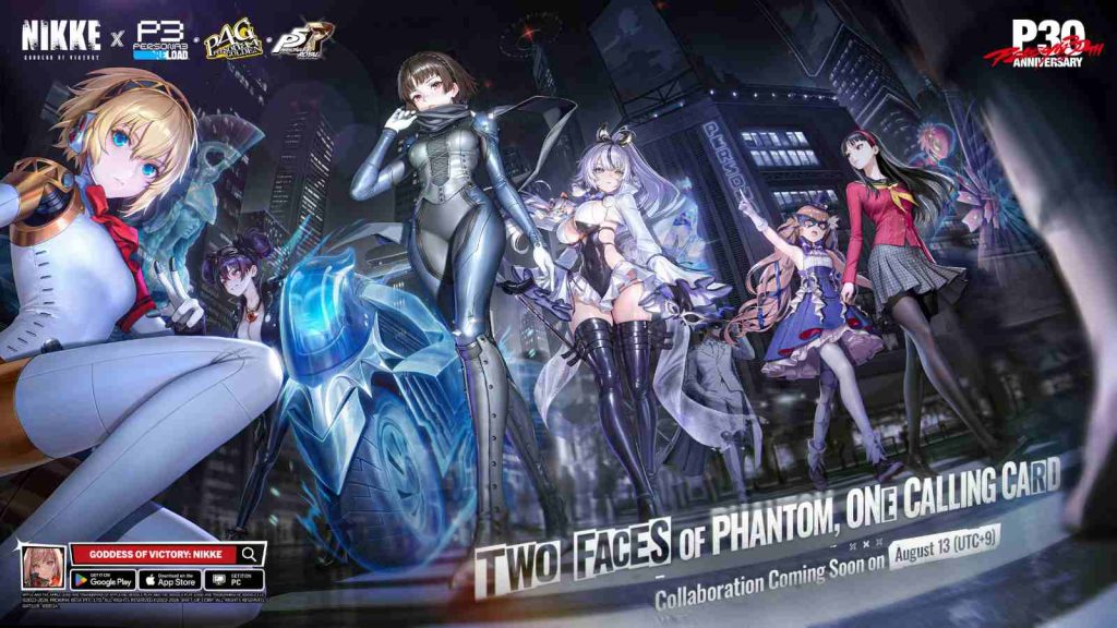 Nikke x Persona collaboration key visual featuring Persona 3 Reload, Persona 4 Golden, and Persona 5 Royal characters