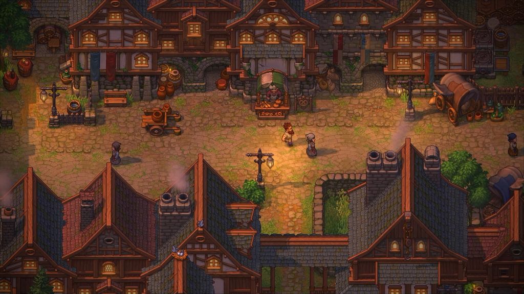 Official screenshot of a bustling town in Graveyard Keeper 2