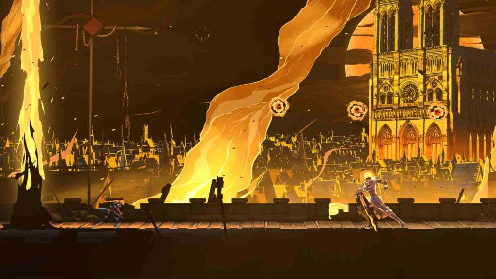 Alucard traversing Notre Dame map covered in flames in Castlevania: Belmont's Curse