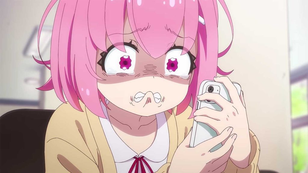 Kurumi Fukuga crying while holding her mobile phone in the FX Fighter Kurumi-chan anime series.