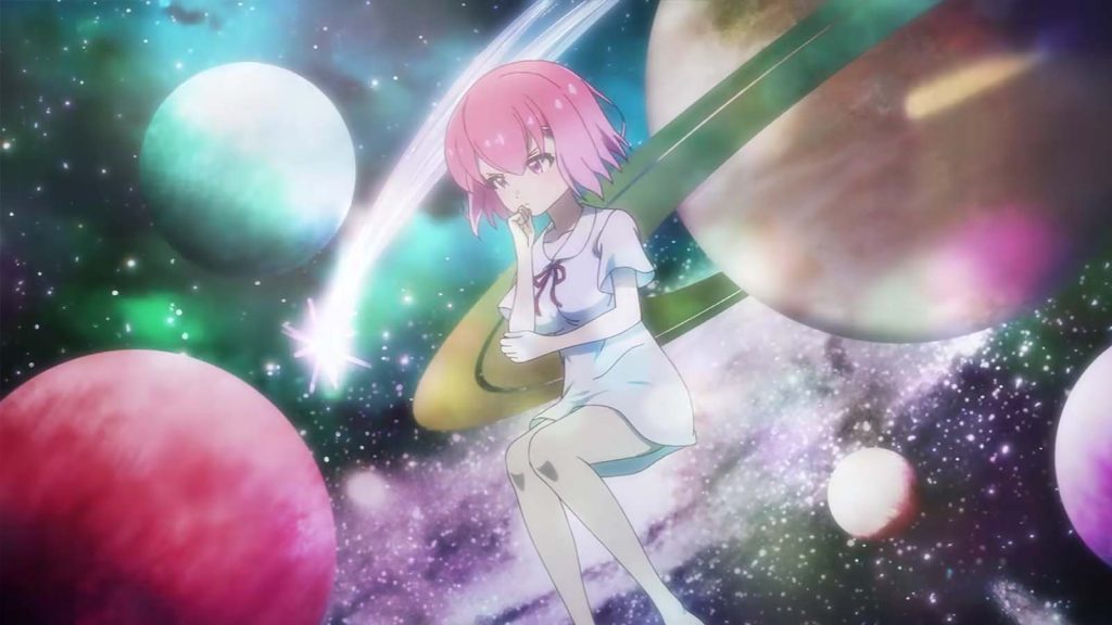 Kurumi Fukuga in a thinking pose, with the outer space as her background in the FX Fighter Kurumi-chan anime series.