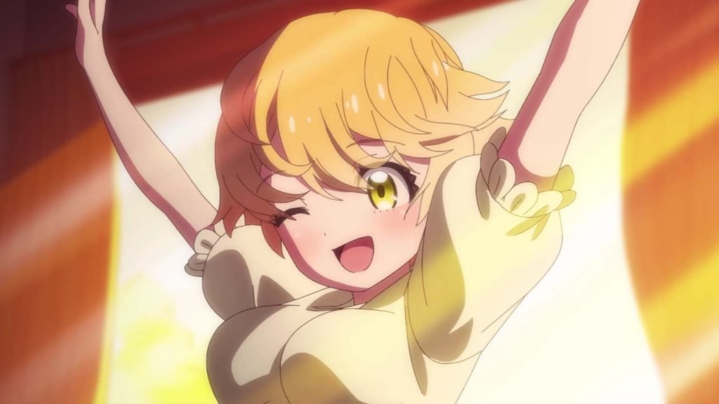 Mebuki Yamashi happily raising her arms in the FX Fighter Kurumi-chan anime series.