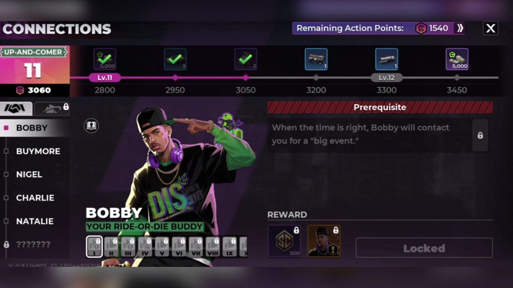 Gangstar Mirage City connections showing XP rewards within the system