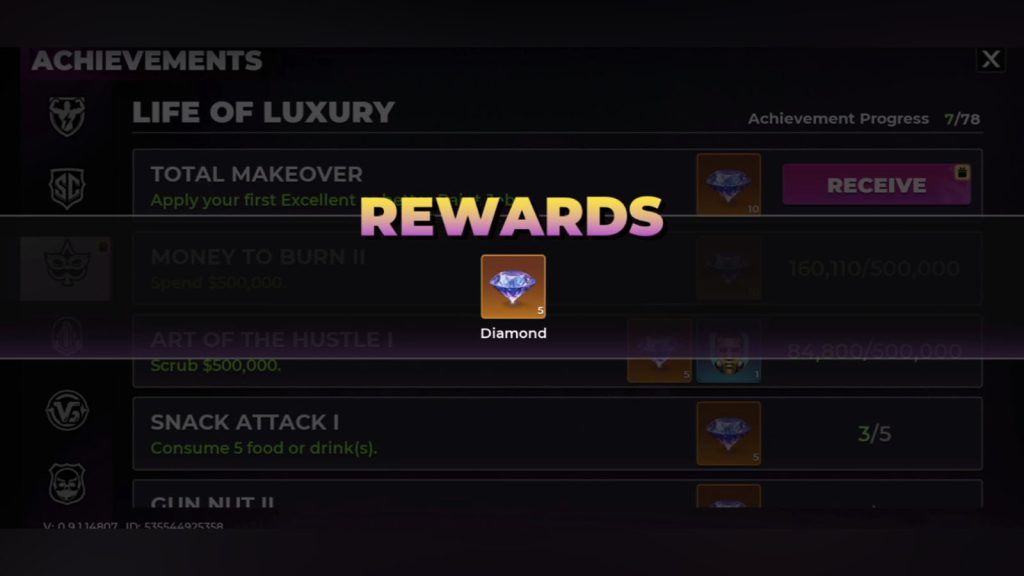 Gangstar Mirage City rewards showing Diamonds earned