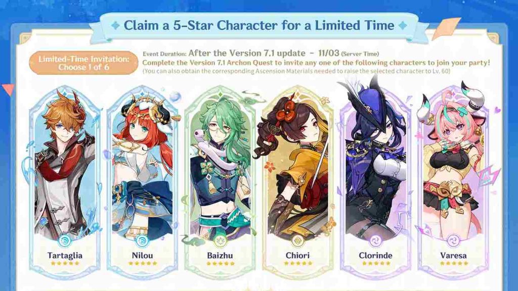 Genshin free limited 5-star characters featuring Tartaglia, Nilou, Baizhu, Chiori, Clorinde, and Varesa.