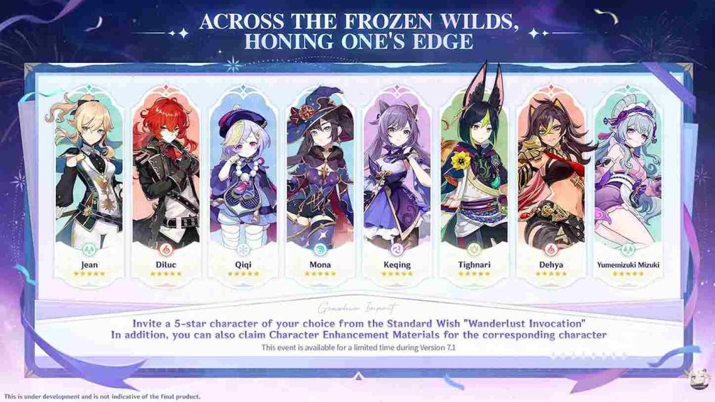 Genshin -Impact 7.1 free 5-star selector for standard characters featuring Diluc, Jean, Qiqi, Mona, Keqing, Tighnari, Dehya, and Yumemizuki Mizuki-.