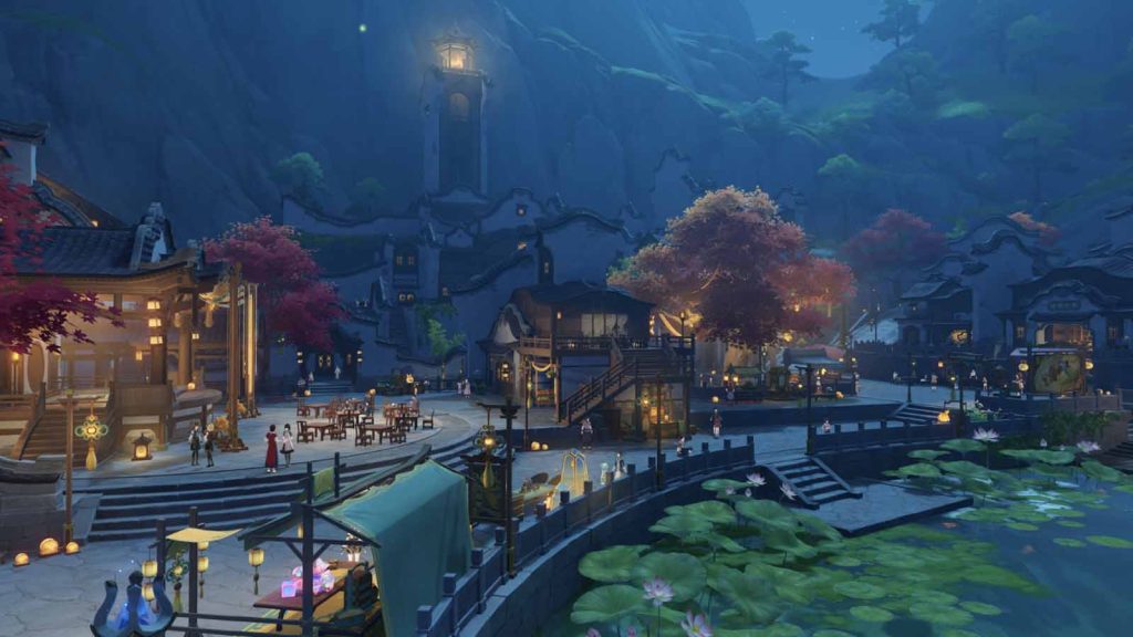 Liyue decorated with lights during the Moonchase Festival.