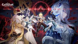 The key art for Genshin Impact 7.1 featuring Snezhnaya characters Tsaritsa, Rhinedottir, Traveler Aether, Vesna, Dainsleif, and Pierro.