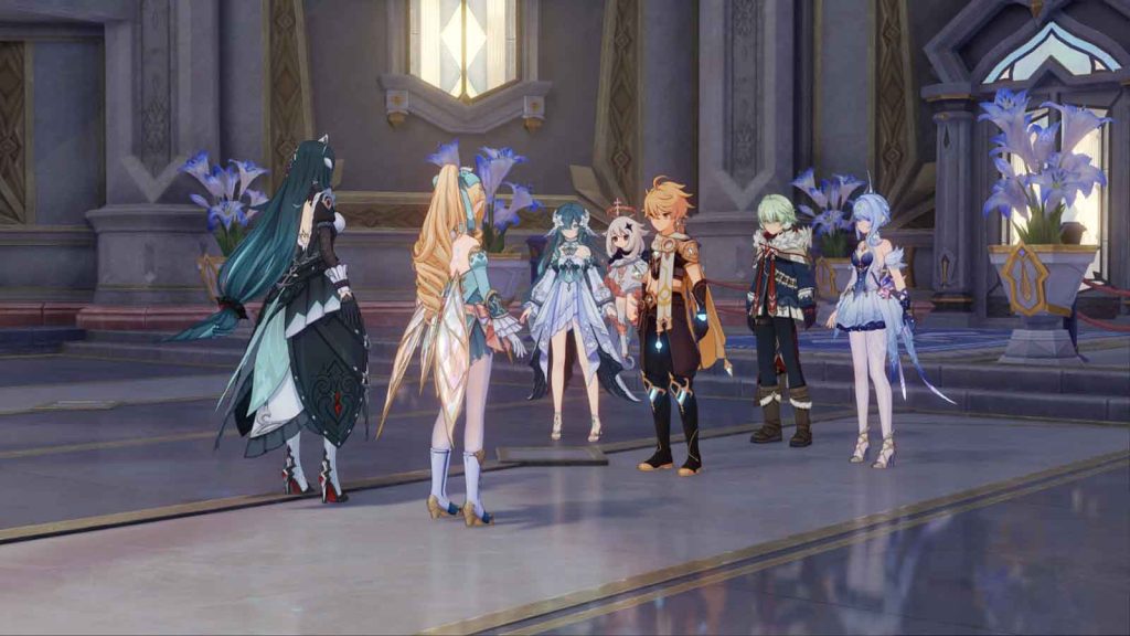 Snezhnaya characters Vesna, Danica, Vodyanitsa, Odette, and Alyosha together with Paimon and Traveler Aether in Genshin Impact.