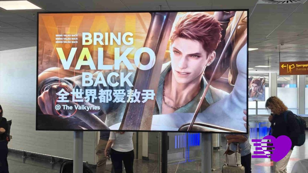 "Bring Valko Back" campaign showing Valko on Cologne airport screen during Gamescom 2026