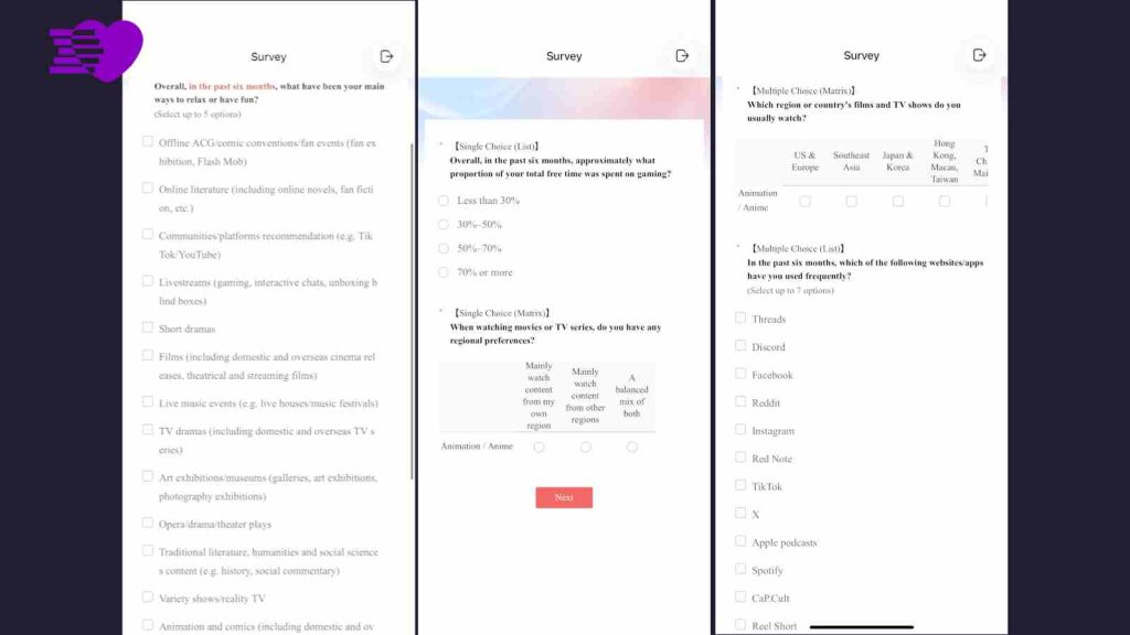 Screenshots of Love and Deepspace in-game survey asking you how much time you spend using other apps, how much money you spend on gaming