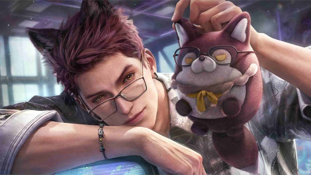Love and Deepspace Valko with glasses holding a plushie based on himself also wearing glasses in official promo