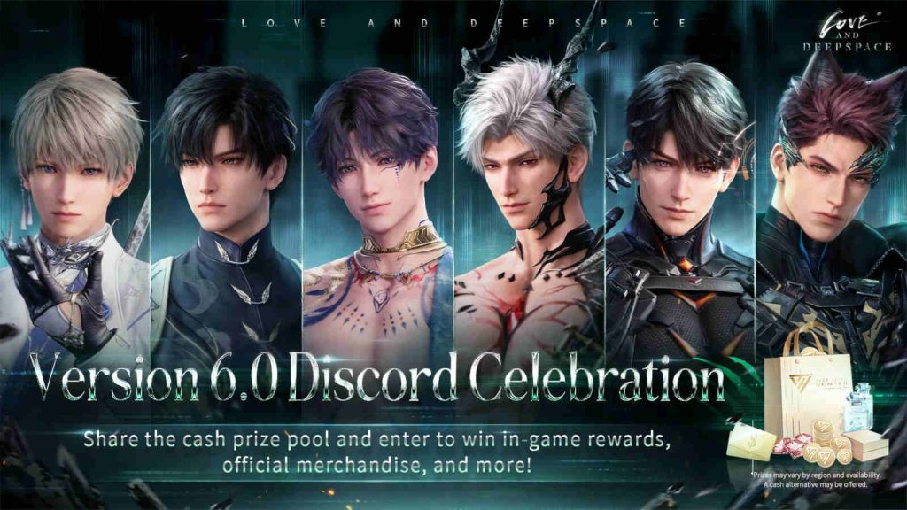 Love and Deepspace version 6.0 celebration featuring Xavier, Zayne, Rafayel, Sylus, Caleb, and Valko