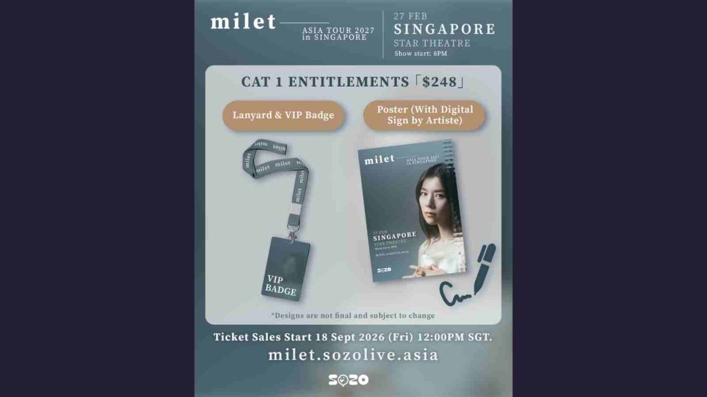 milet Singapore concert Category 1 ticket entitlements: landyard and signed poster