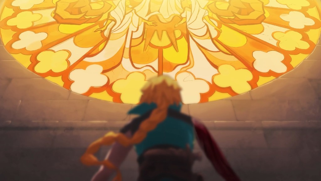 Rose Belmont looking up at stained glass in Castlevania: Belmont's Curse key art