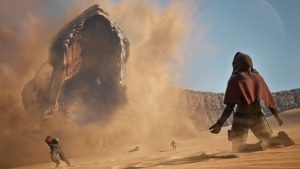 Sandworm appearing in Arrakis in Dune Awakening game