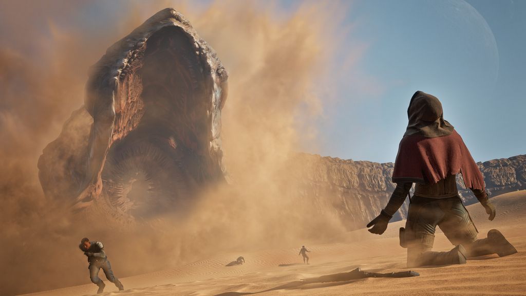 Sandworm appearing in Arrakis in Dune Awakening game