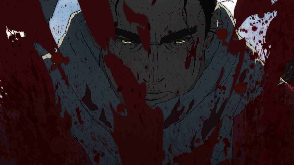 Kuro drawing blood as it splatters across the screen in Sekiro No Defeat anime official still