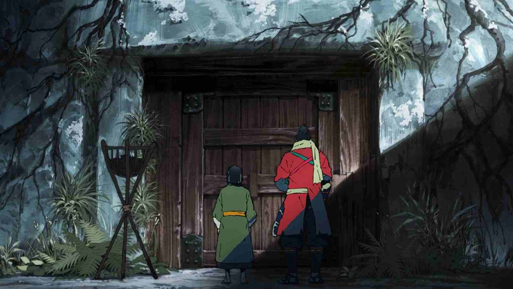 Wolf and master Kuro standing in front of wooden doors in Sekiro No Defeat anime official still