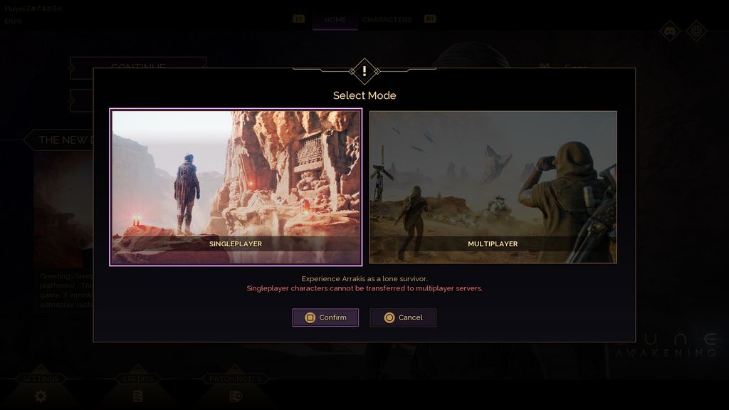 Choosing Single-Player mode in Dune Awakening